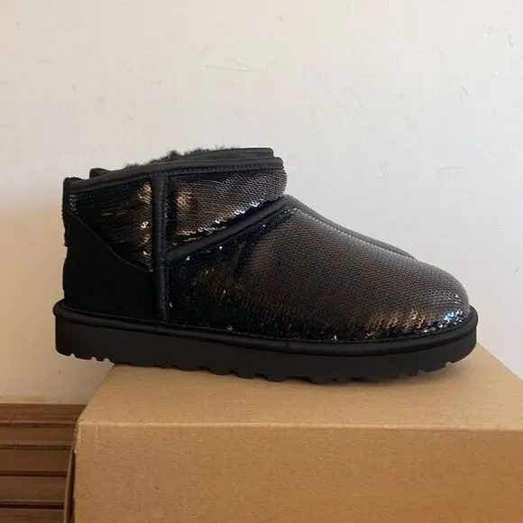 UGG Classic Ultra Mini Mirror Ball Sequins Boots Black USA Women 8/UK 6/EU 39
