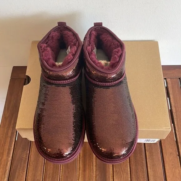 UGG Classic Ultra Mini Mirror Ball Sequins Boots Wild Grape US Women 11/UK9/EU42