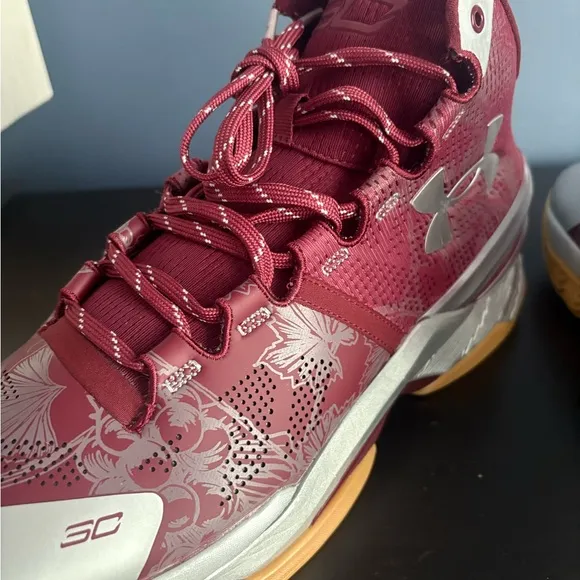 Under Armour Curry 2 Retro UA Basketball Shoes (Domaine Red Silver Gum) Men 11.5