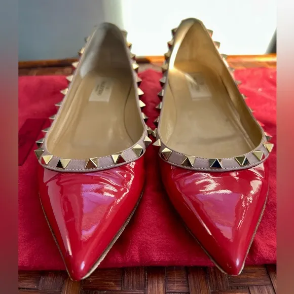 Valentino Shoes | Red Rockstud Flats | 37.5 size | Red Patent Leather