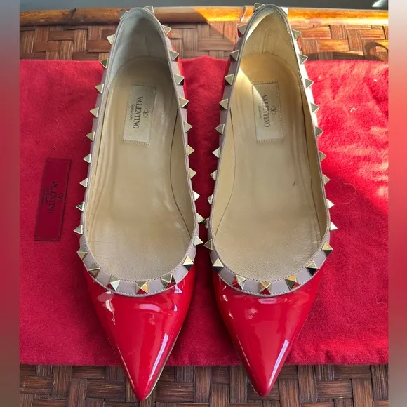 Valentino Shoes | Red Rockstud Flats | 37.5 size | Red Patent Leather