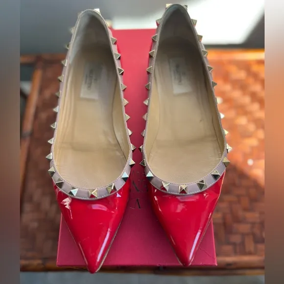 Valentino Shoes | Red Rockstud Flats | 37.5 size | Red Patent Leather