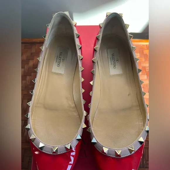 Valentino Shoes | Red Rockstud Flats | 37.5 size | Red Patent Leather