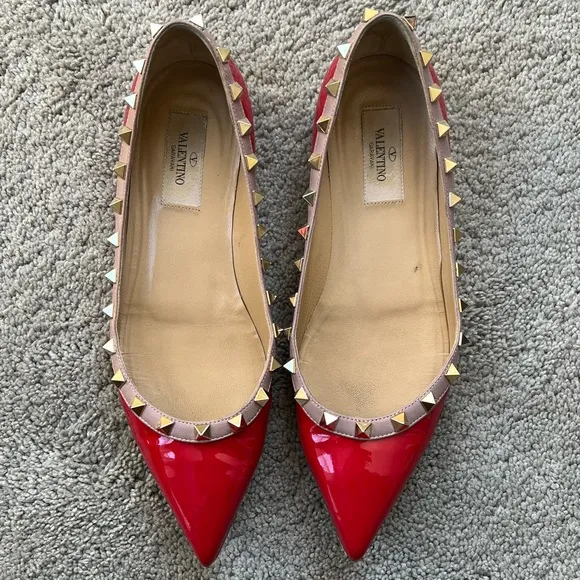 Valentino Shoes | Red Rockstud Flats | 37.5 size | Red Patent Leather