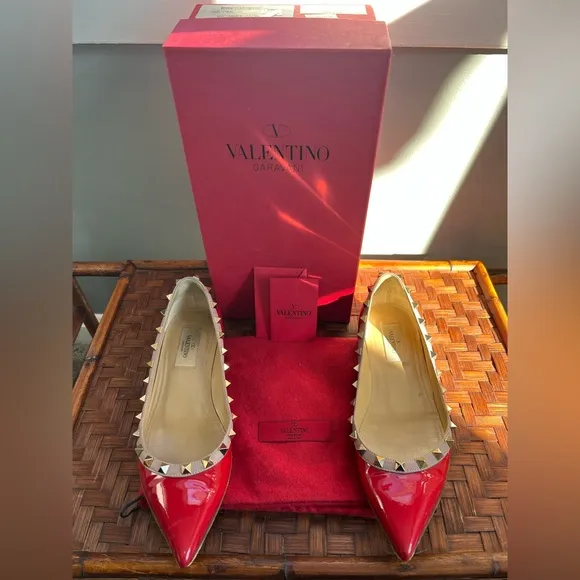 Valentino Shoes | Red Rockstud Flats | 37.5 size | Red Patent Leather