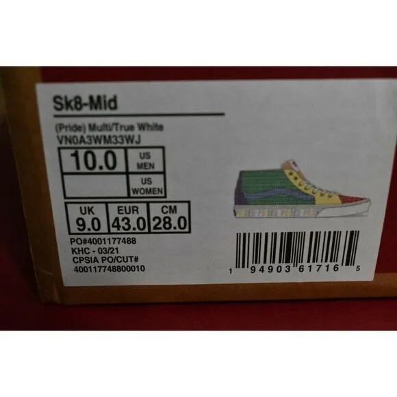 Vans Mens Size 10 Sk8-Mid Multicolor True White Pride Casual Sneaker Shoes