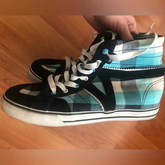 Vans off the wall high hi tops black blue white plaid sneakers women MISSY Sz 4