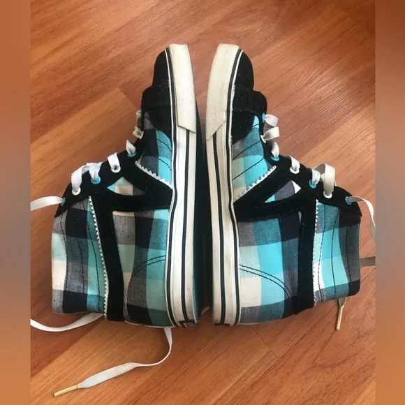 Vans off the wall high hi tops black blue white plaid sneakers women MISSY Sz 4
