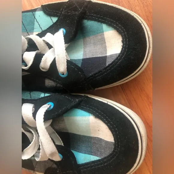 Vans off the wall high hi tops black blue white plaid sneakers women MISSY Sz 4