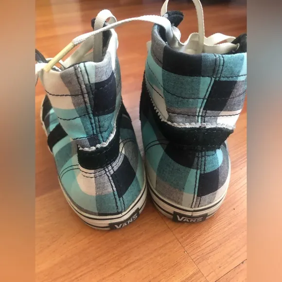 Vans off the wall high hi tops black blue white plaid sneakers women MISSY Sz 4