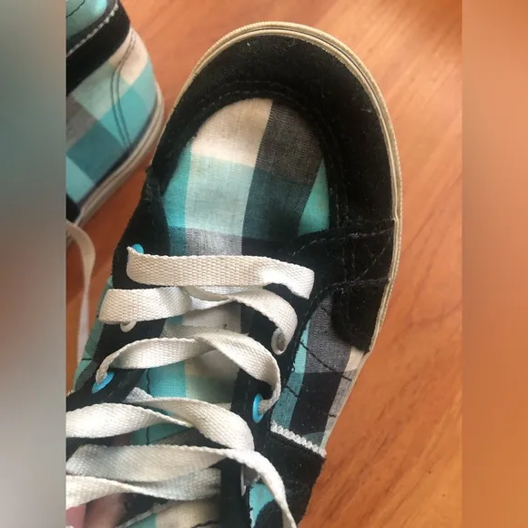 Vans off the wall high hi tops black blue white plaid sneakers women MISSY Sz 4