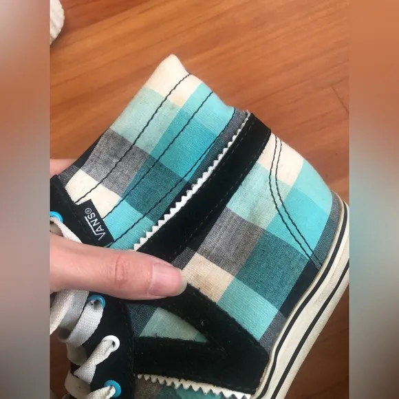 Vans off the wall high hi tops black blue white plaid sneakers women MISSY Sz 4