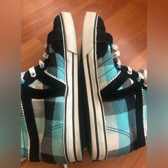 Vans off the wall high hi tops black blue white plaid sneakers women MISSY Sz 4