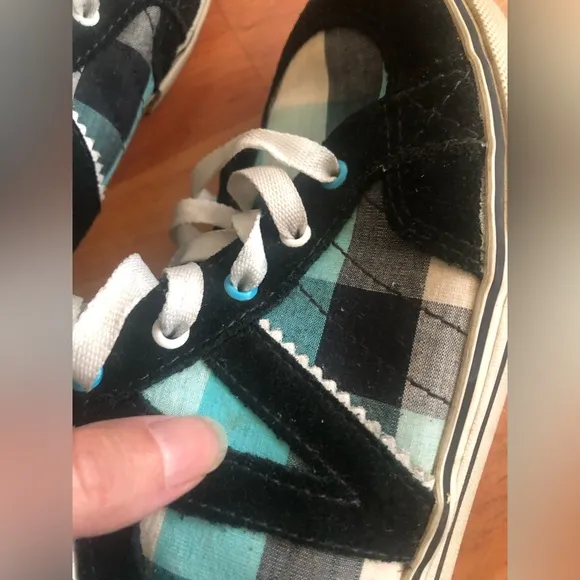 Vans off the wall high hi tops black blue white plaid sneakers women MISSY Sz 4