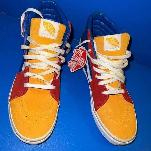 Vans Off The Wall Boys SUEDE Blue/Red/yellow/green Hightop Shoes Size Small 7’’