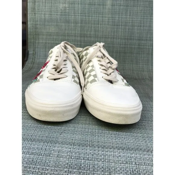 VANS OLD SKOOL DX ROSE EMBOIDERY SNEAKERS WHITE Leather MEN 12 WOMEN 13.5