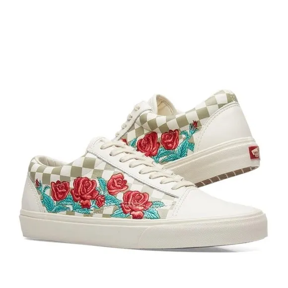 VANS OLD SKOOL DX ROSE EMBOIDERY SNEAKERS WHITE Leather MEN 12 WOMEN 13.5