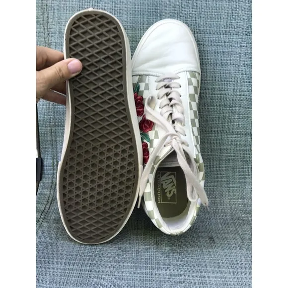 VANS OLD SKOOL DX ROSE EMBOIDERY SNEAKERS WHITE Leather MEN 12 WOMEN 13.5