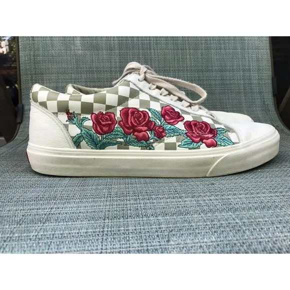 VANS OLD SKOOL DX ROSE EMBOIDERY SNEAKERS WHITE Leather MEN 12 WOMEN 13.5