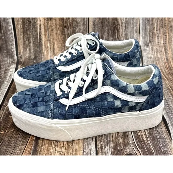 VANS Old Skool Stackform Platform Womens Size 10 Mens 8.5 Blue Denim Checked