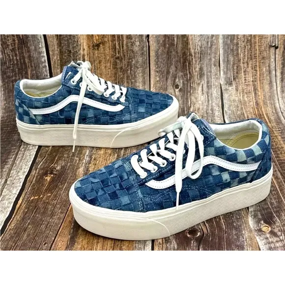 VANS Old Skool Stackform Platform Womens Size 10 Mens 8.5 Blue Denim Checked