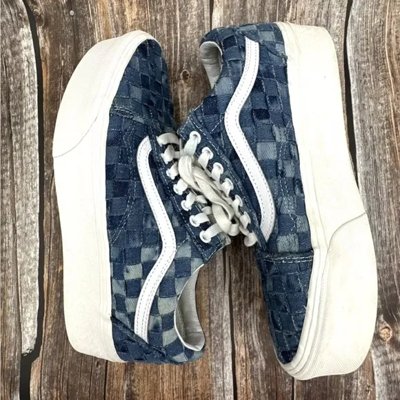 VANS Old Skool Stackform Platform Womens Size 10 Mens 8.5 Blue Denim Checked