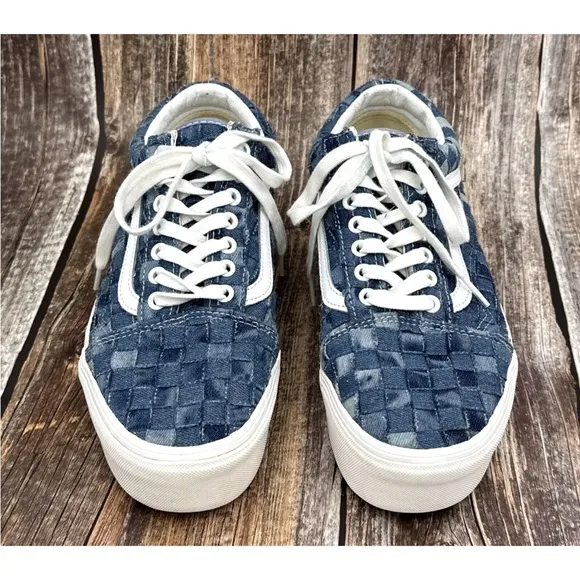 VANS Old Skool Stackform Platform Womens Size 10 Mens 8.5 Blue Denim Checked