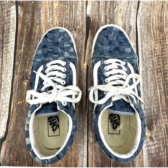VANS Old Skool Stackform Platform Womens Size 10 Mens 8.5 Blue Denim Checked