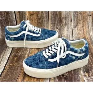 VANS Old Skool Stackform Platform Womens Size 10 Mens 8.5 Blue Denim Checked