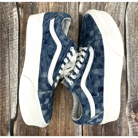 VANS Old Skool Stackform Platform Womens Size 10 Mens 8.5 Blue Denim Checked