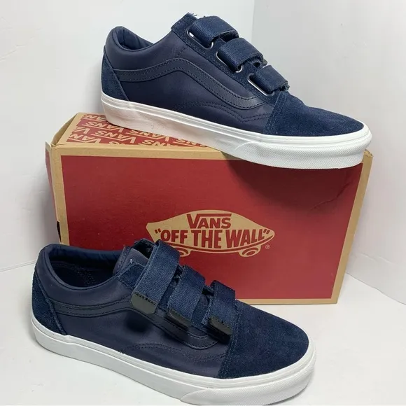 Vans Old Skool Suede Nylon Hook &amp; Loop Strap Shoes Navy Blue Womens Size 10