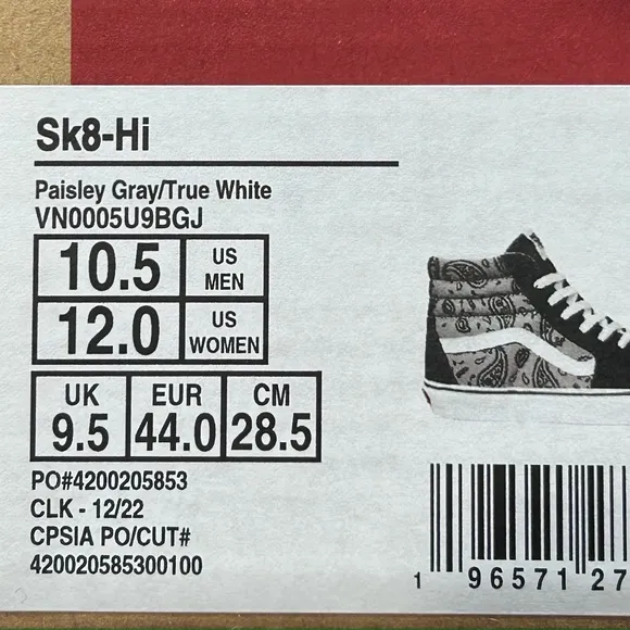 Vans Sk8 Hi Paisley Gray True White Shoes