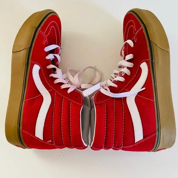 VANS SK8 Red Suede Canvas High Top Skate Shoe Gum Sole Sneaker Men 8 Women 9.5
