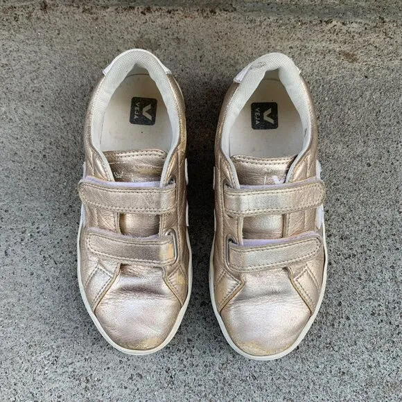 VEJA Gold Sneakers Girls US 2 Euro 33 Running Shoes Metallic Sneaker Velcro Shoe