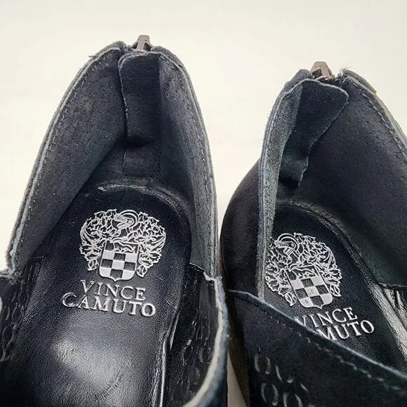 Vince Camuto Paleta Ankle Booties Women 9 Black Suede Perforated Zip Block Heel