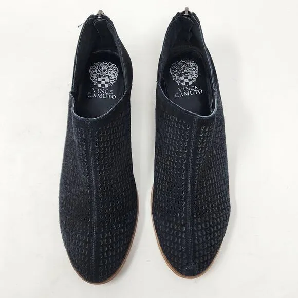 Vince Camuto Paleta Ankle Booties Women 9 Black Suede Perforated Zip Block Heel