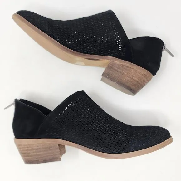 Vince Camuto Paleta Ankle Booties Women 9 Black Suede Perforated Zip Block Heel
