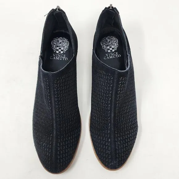 Vince Camuto Paleta Ankle Booties Women 9 Black Suede Perforated Zip Block Heel