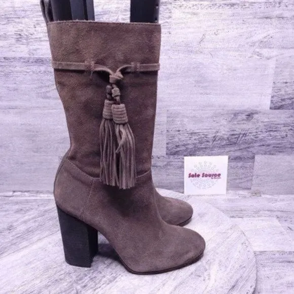 Vince Camuto Fermal Suede Mid Calf Tassel Heeled Boot Gray Women's sz 6.5