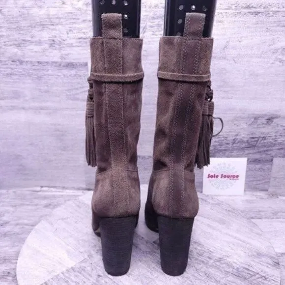 Vince Camuto Fermal Suede Mid Calf Tassel Heeled Boot Gray Women's sz 6.5