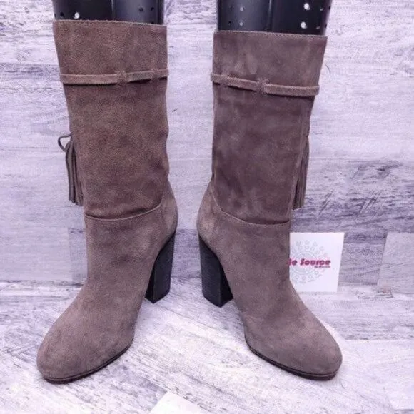 Vince Camuto Fermal Suede Mid Calf Tassel Heeled Boot Gray Women's sz 6.5