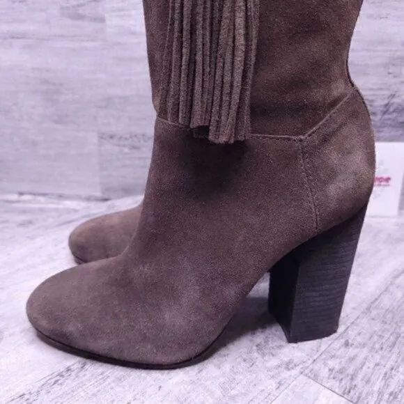 Vince Camuto Fermal Suede Mid Calf Tassel Heeled Boot Gray Women's sz 6.5