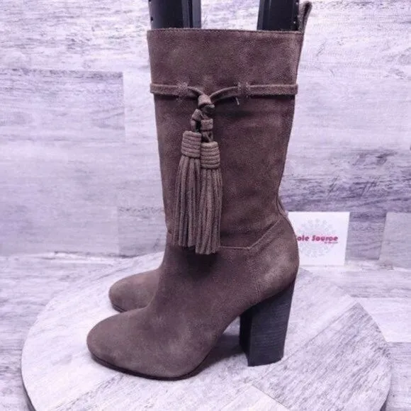 Vince Camuto Fermal Suede Mid Calf Tassel Heeled Boot Gray Women's sz 6.5