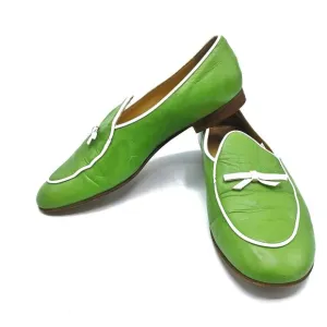 Vintage Bergdorf Goodman Green Leather Mod Loafers Italy Twee Preppy Flats EUC