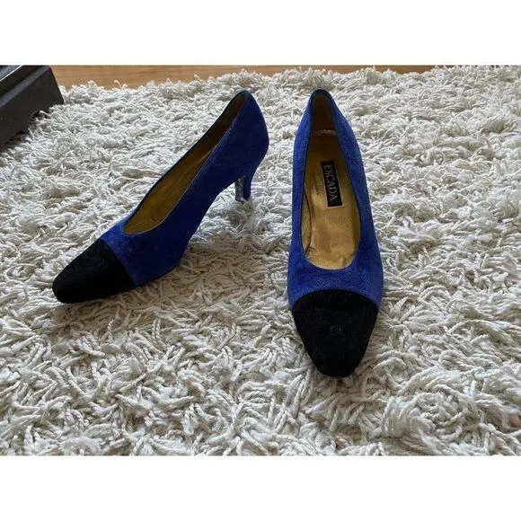 Vintage Escada Heels Shoes Black Blue Suede Leather 36.5 / 6.5 Almond Toe