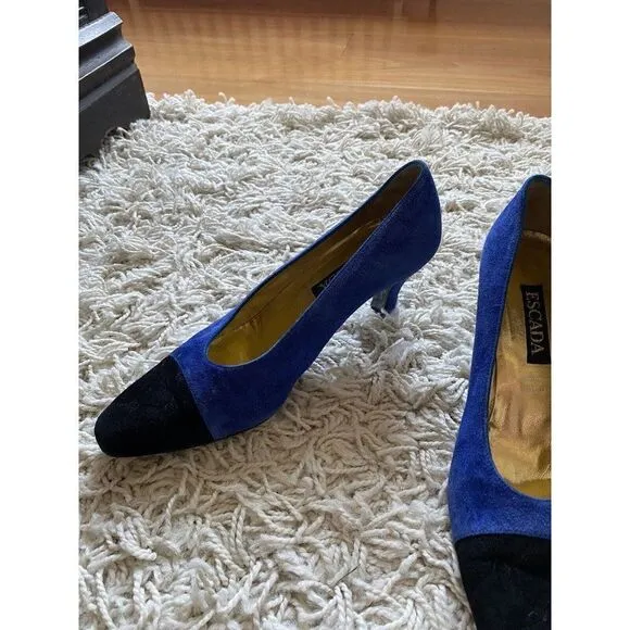 Vintage Escada Heels Shoes Black Blue Suede Leather 36.5 / 6.5 Almond Toe