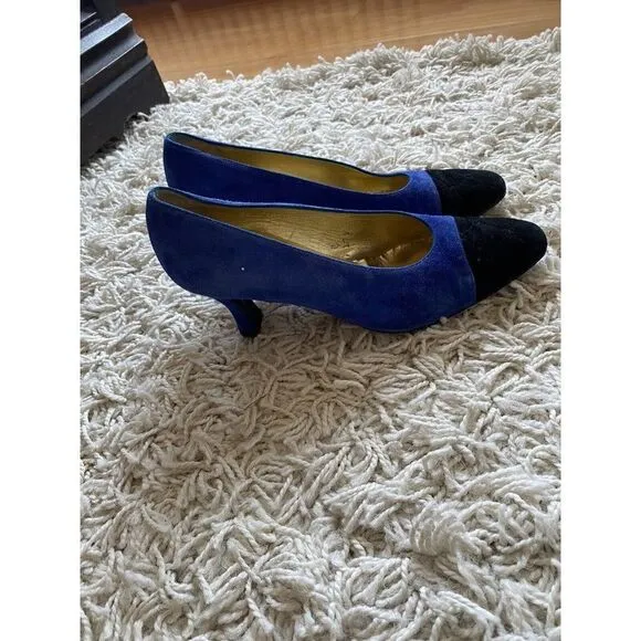 Vintage Escada Heels Shoes Black Blue Suede Leather 36.5 / 6.5 Almond Toe