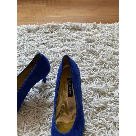 Vintage Escada Heels Shoes Black Blue Suede Leather 36.5 / 6.5 Almond Toe