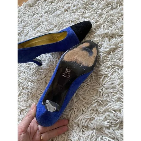 Vintage Escada Heels Shoes Black Blue Suede Leather 36.5 / 6.5 Almond Toe