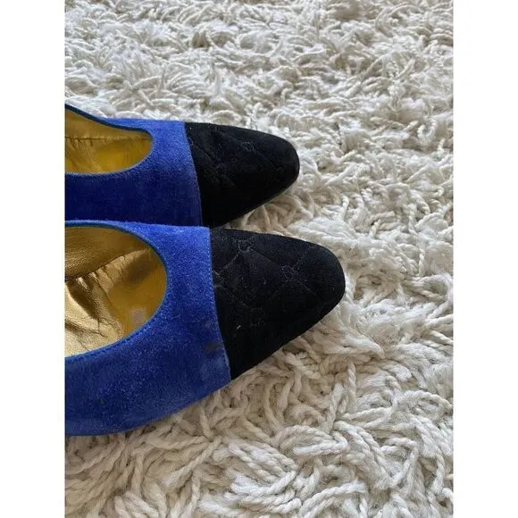 Vintage Escada Heels Shoes Black Blue Suede Leather 36.5 / 6.5 Almond Toe